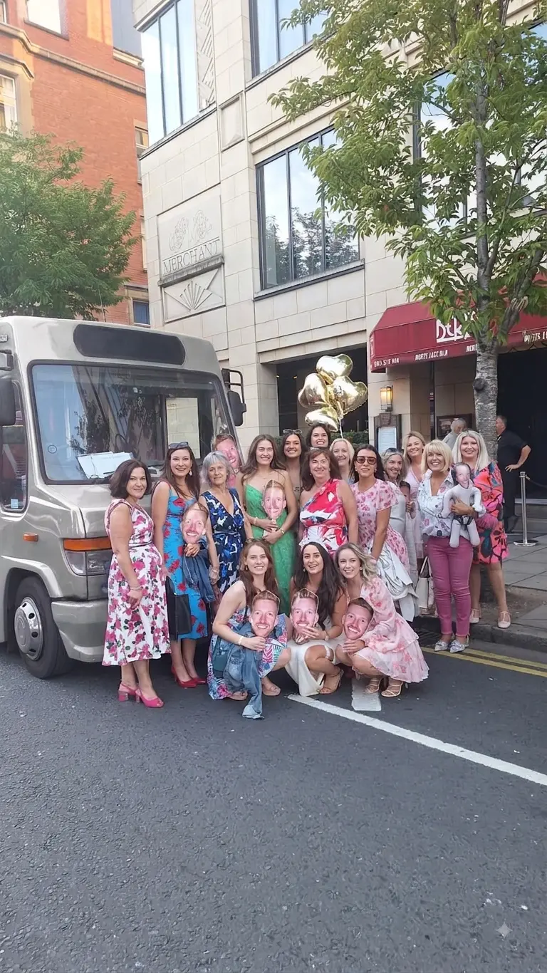 Hen party group with the party bus outside the Merchant Hotel in Belfast