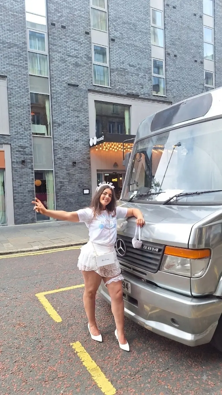 Bride-to-be posing beside the party bus outside a Belfast city hotel