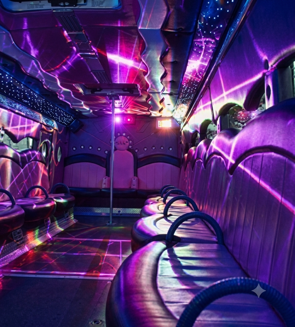 Party bus interior with purple laser lighting, dance pole and leather booth seating set up for a stag night
